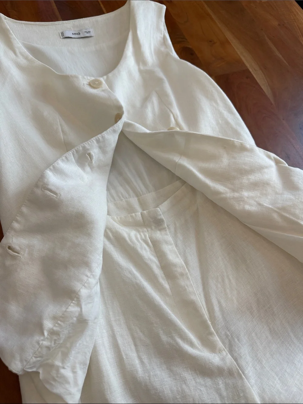 Mango Cream 100% Linen Sleeveless Button Jumpsuit